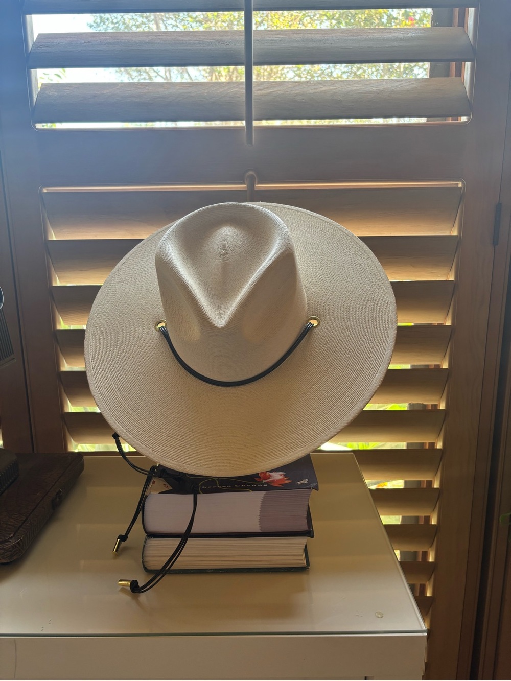 Janessa Leone Cream Straw Western Hat with Black Chin Cord and Gold Accents